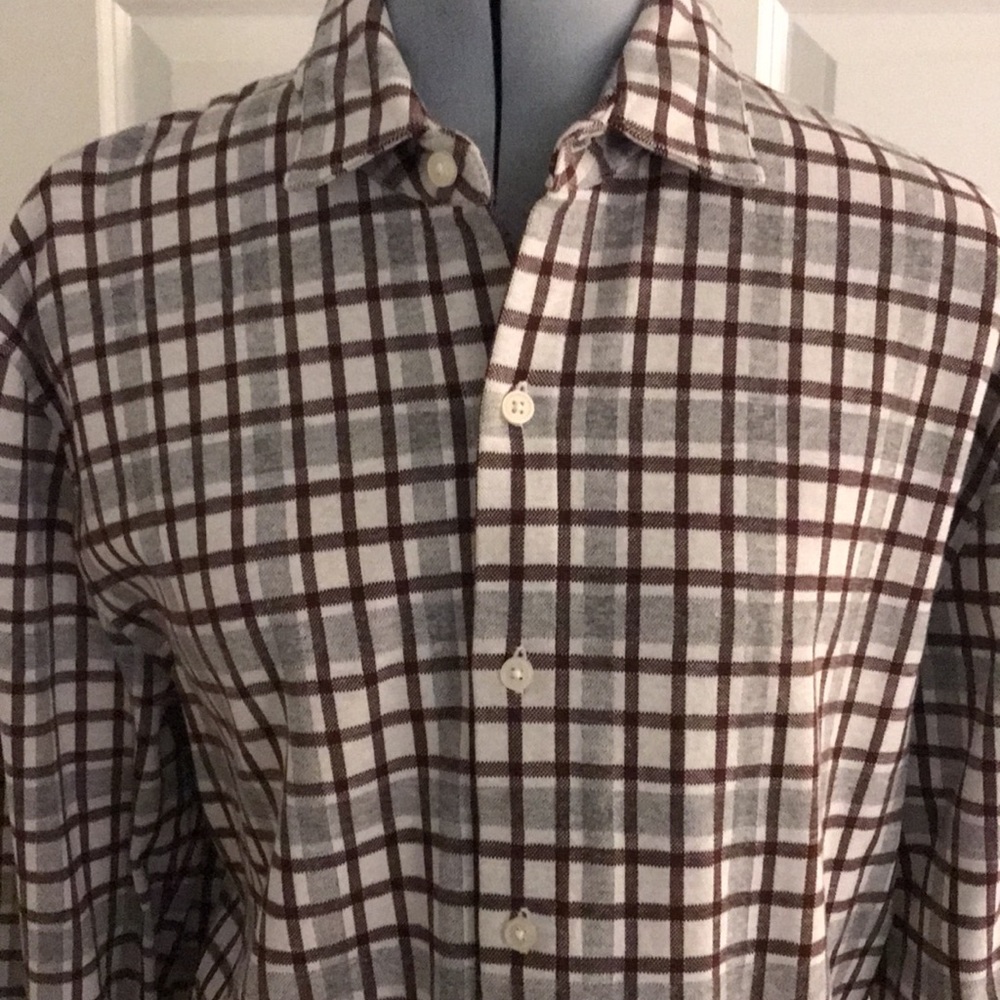 Vince Plaid Cotton Knit Flannel Shirt Brown Gray Cream Size La…